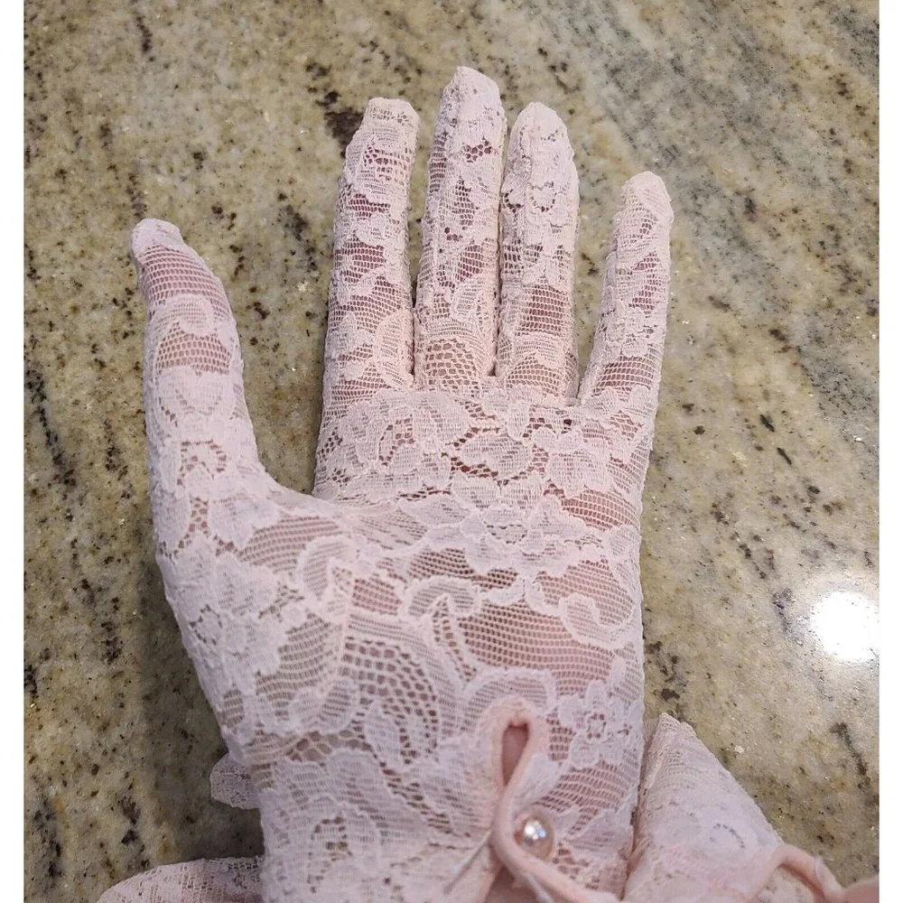 NEW! Vintage Size L Stretch Nylon Pink Lace Floral Formal Gloves 8